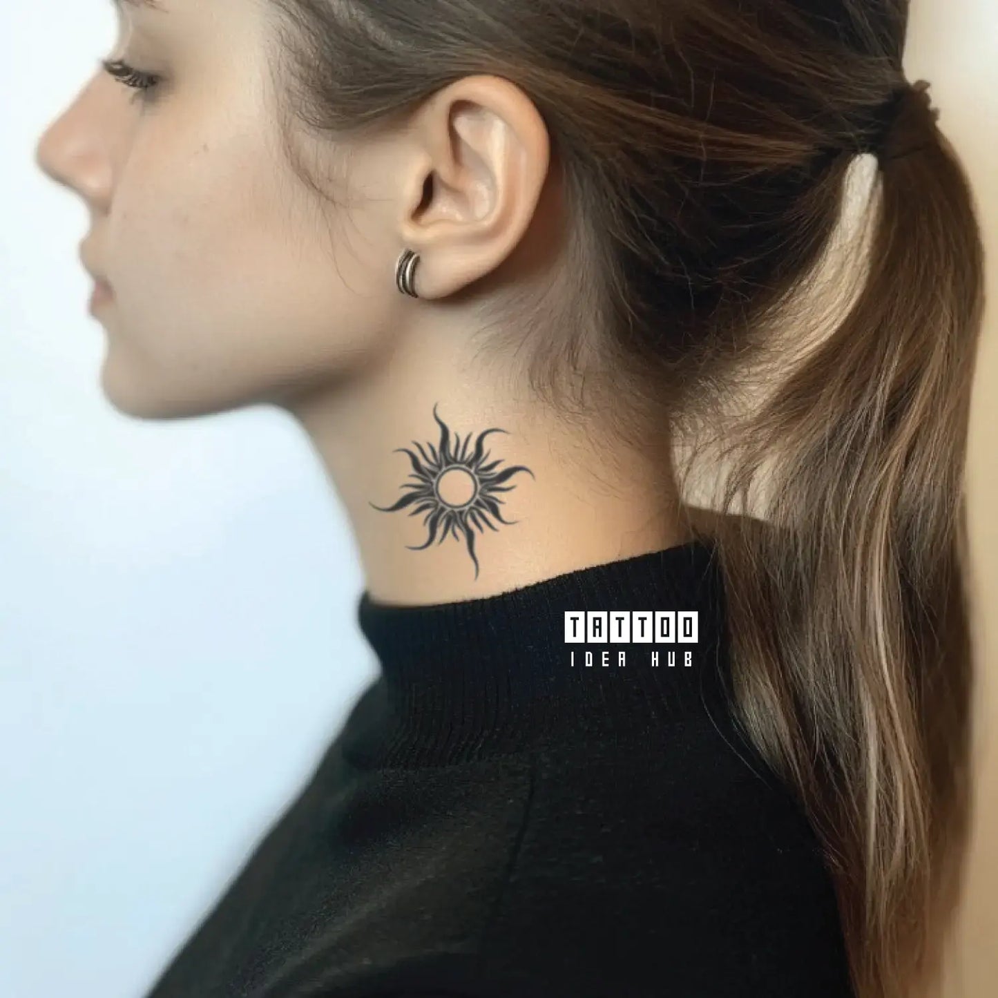 simple tribal sun neck temporary tattoo idea design