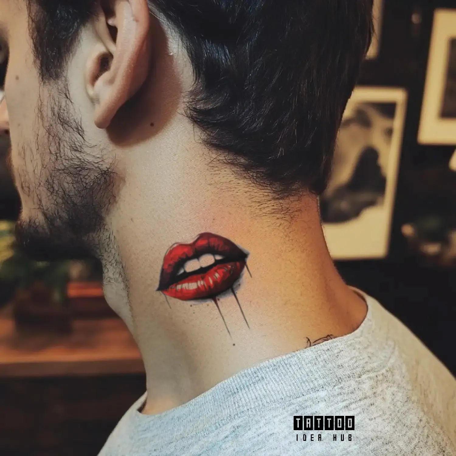 creepy halloween red lip neck temporary tattoo idea design