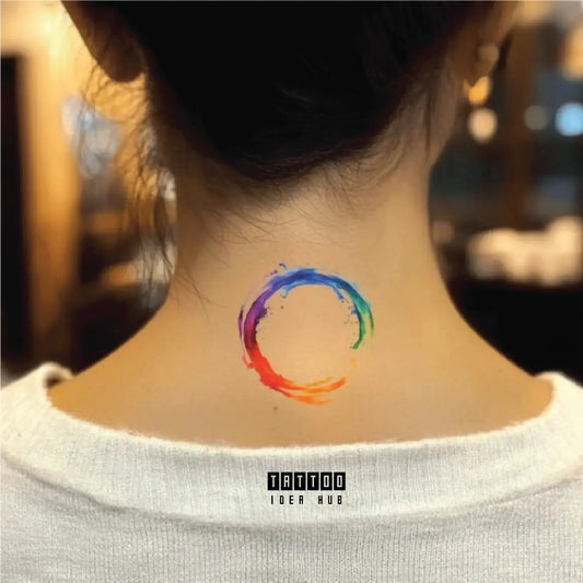 rainbow zen circle watercolor neck temporary tattoo idea design