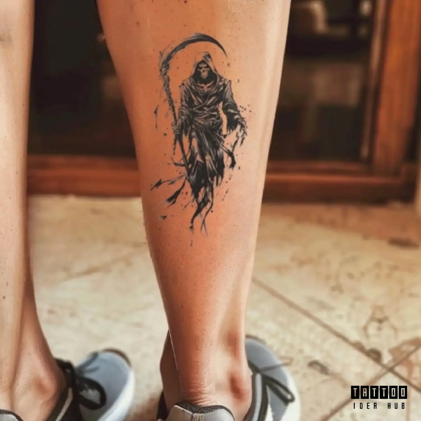 realistic grim reaper leg temporary tattoo idea design