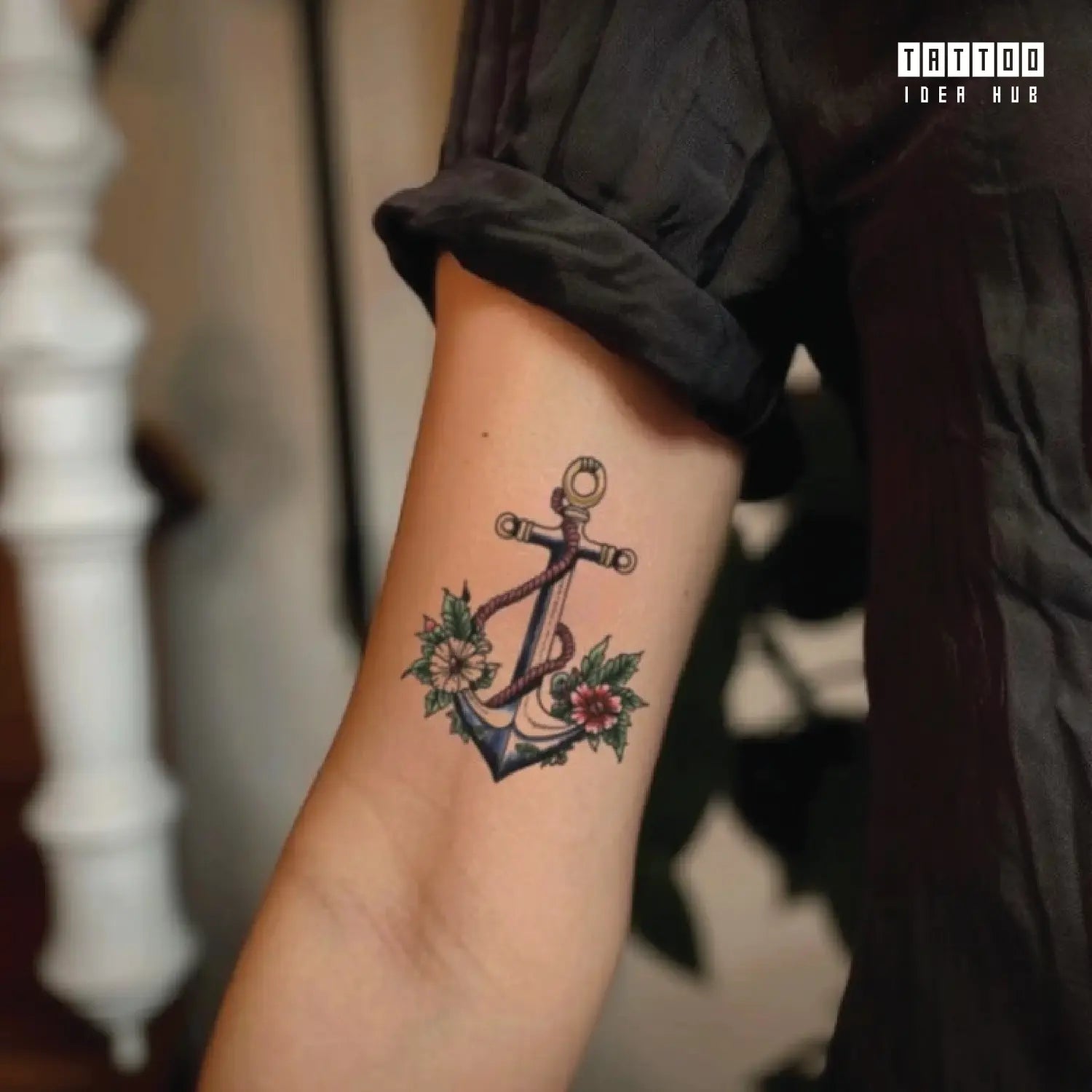 simple traditional floral anchor bicep temporary tattoo idea design