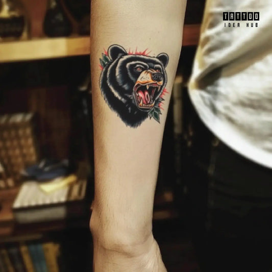 simple traditional spiritual bear forearm temporary tattoo idea design