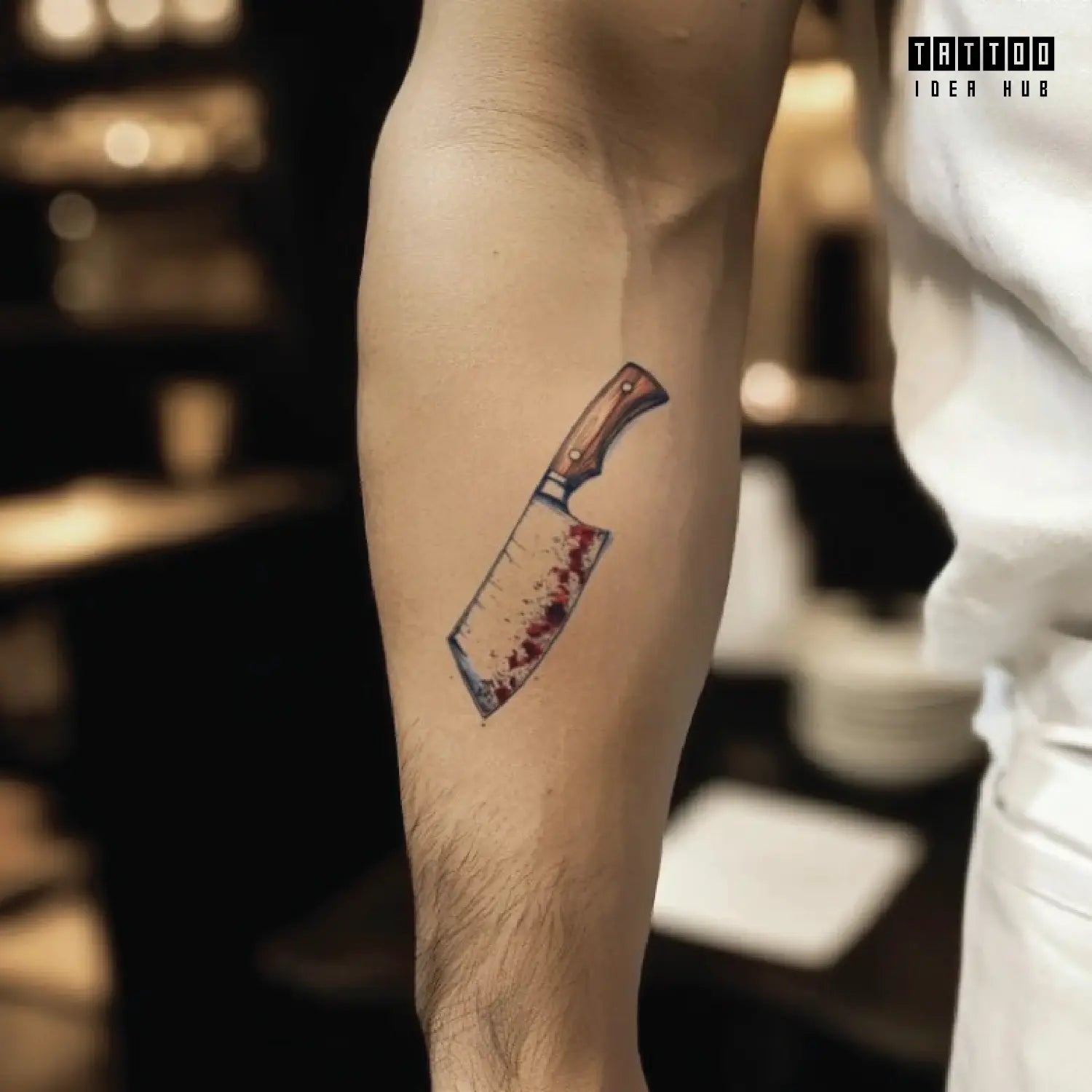 chef bloody butcher knife forearm temporary tattoo idea design