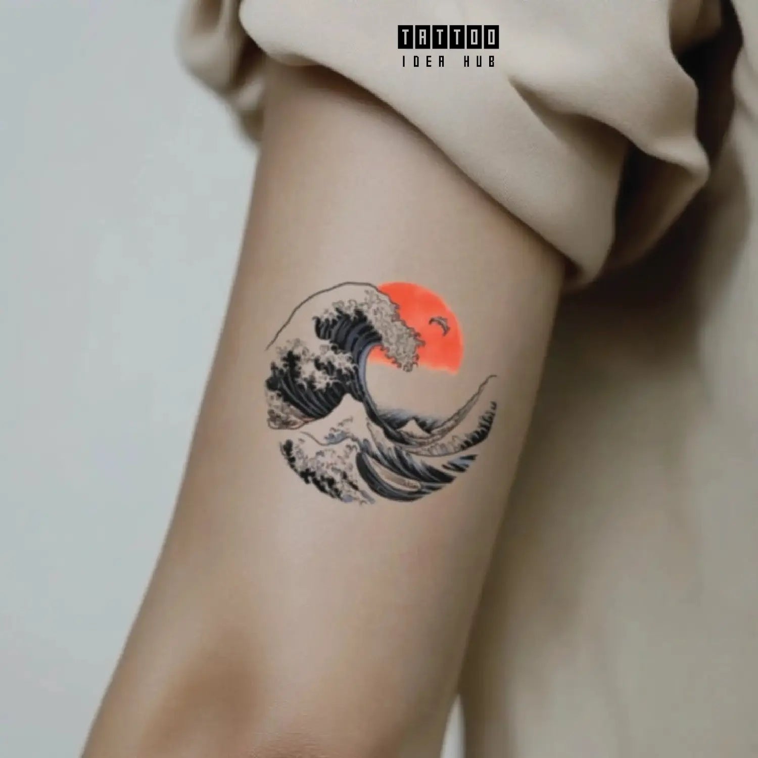 japanese ocean wave bicep temporary tattoo idea design