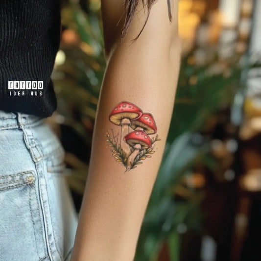 simple red color mushroom forearm temporary tattoo idea design