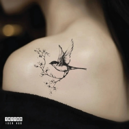 realistic black and white flying bird shoulder temporary tattoo idea design