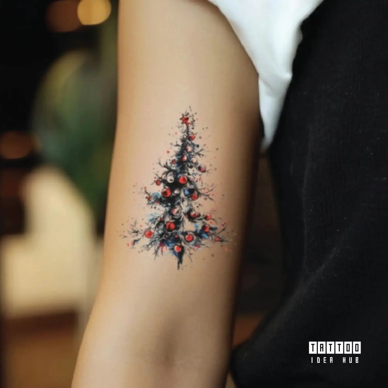 color christmas tree bicep temporary tattoo idea design