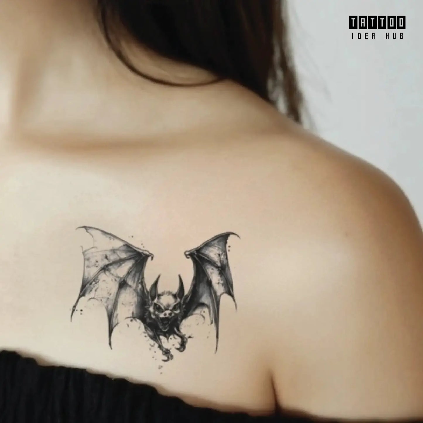 simple realistic gothic bat shoulder temporary tattoo idea design