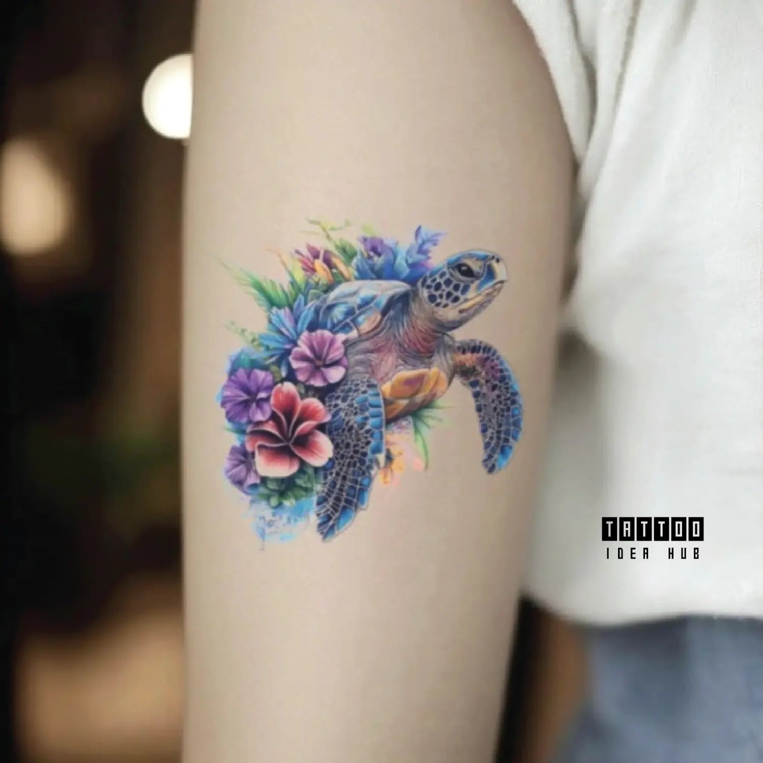 watercolor sea turtle flower bicep temporary tattoo idea design