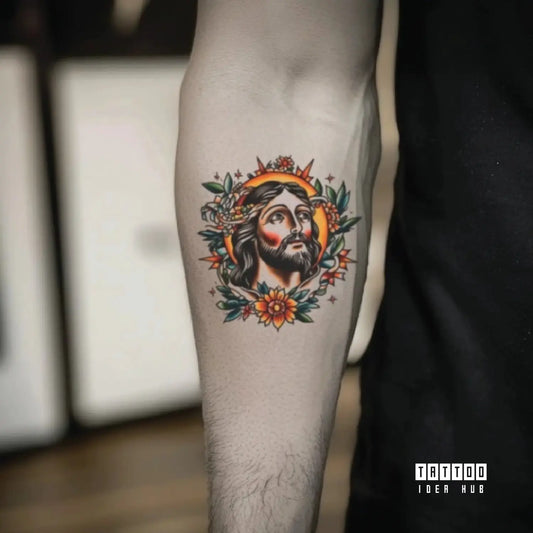 traditional jesus portrait forearm temporary tattoo idea design