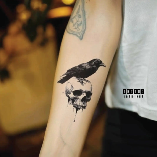 gothic crow on skull forearm temporary tattoo idea design