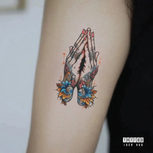 color praying hands bicep temporary tattoo idea design