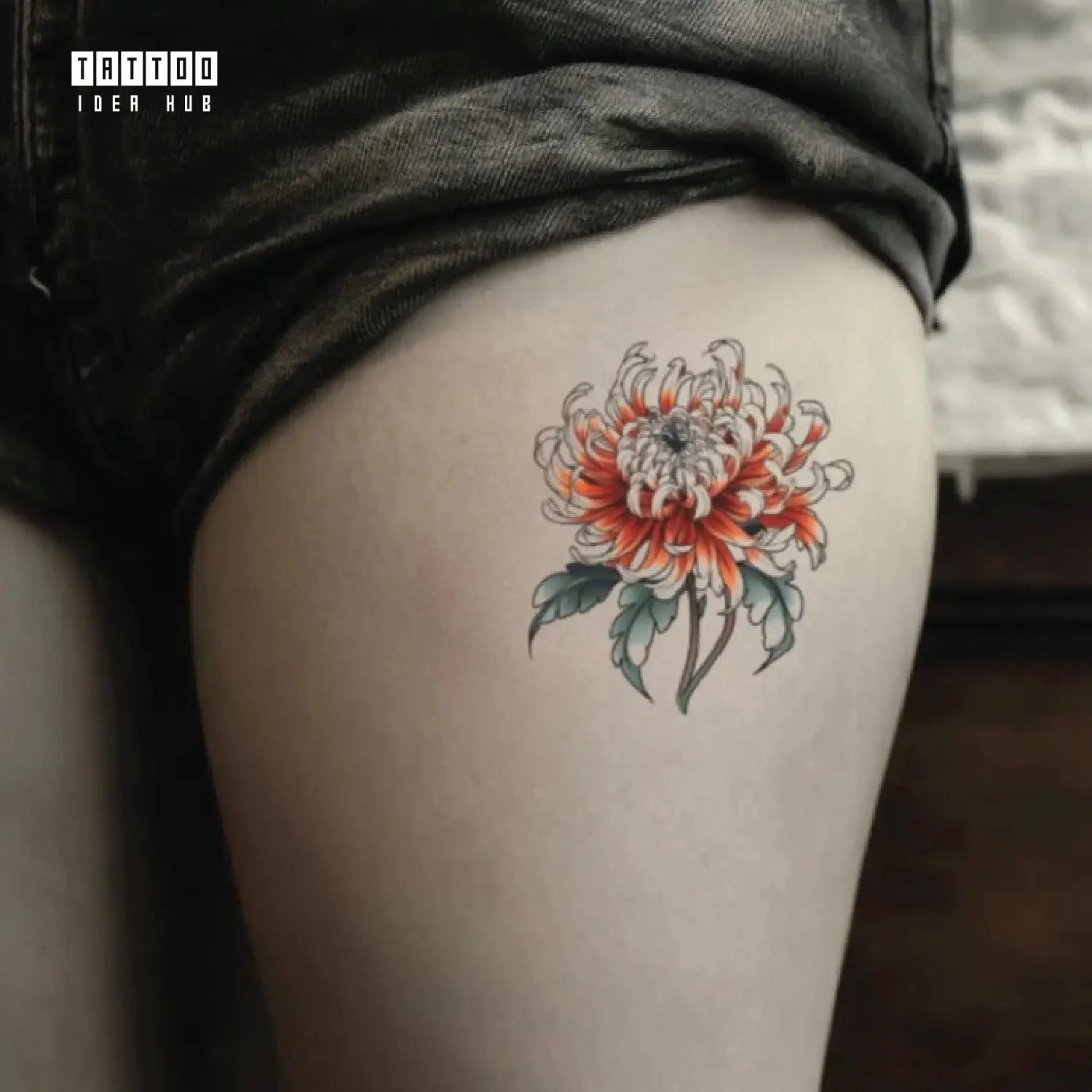 japanese chrysanthemum flower thigh temporary tattoo idea design