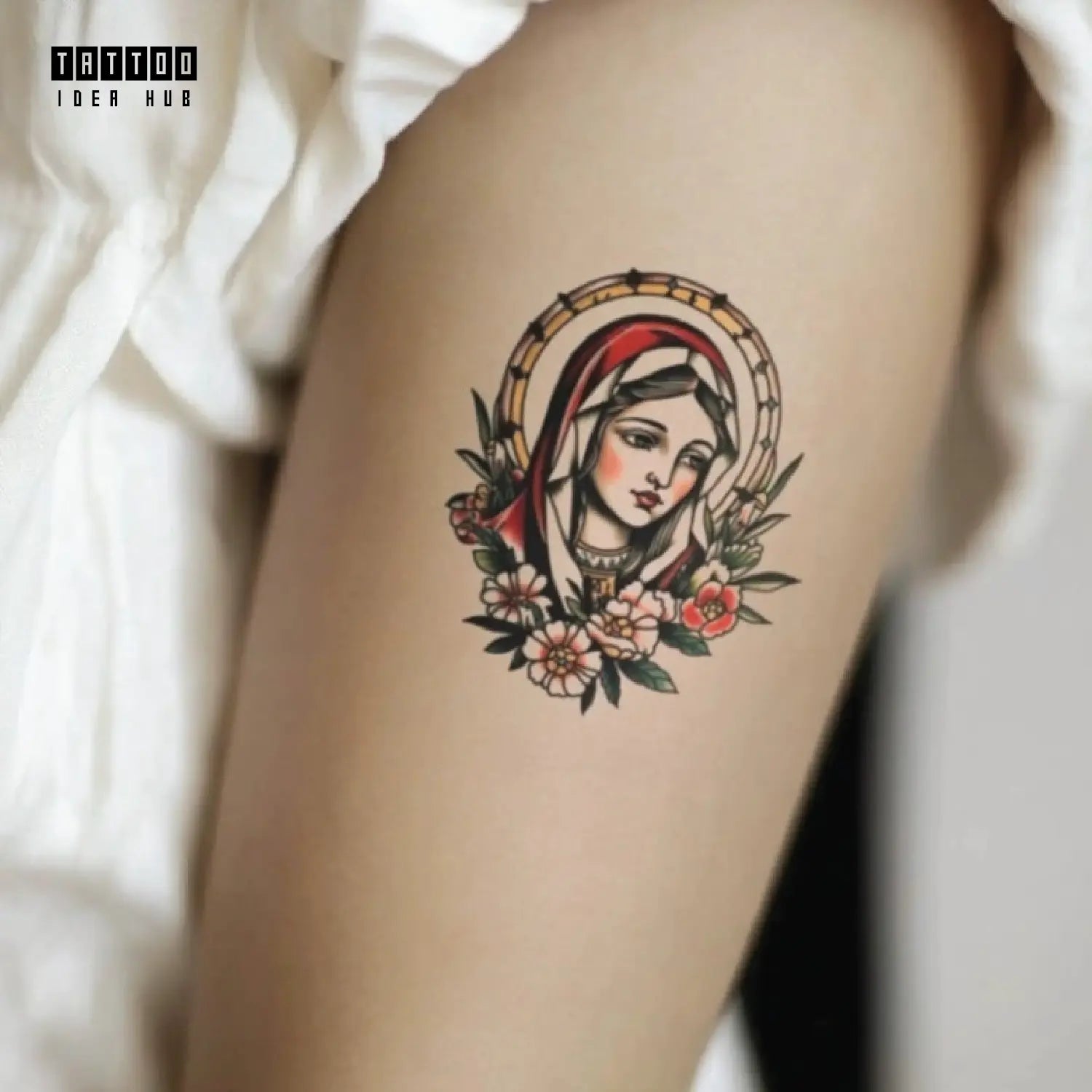 simple traditional virgin mary bicep temporary tattoo idea design