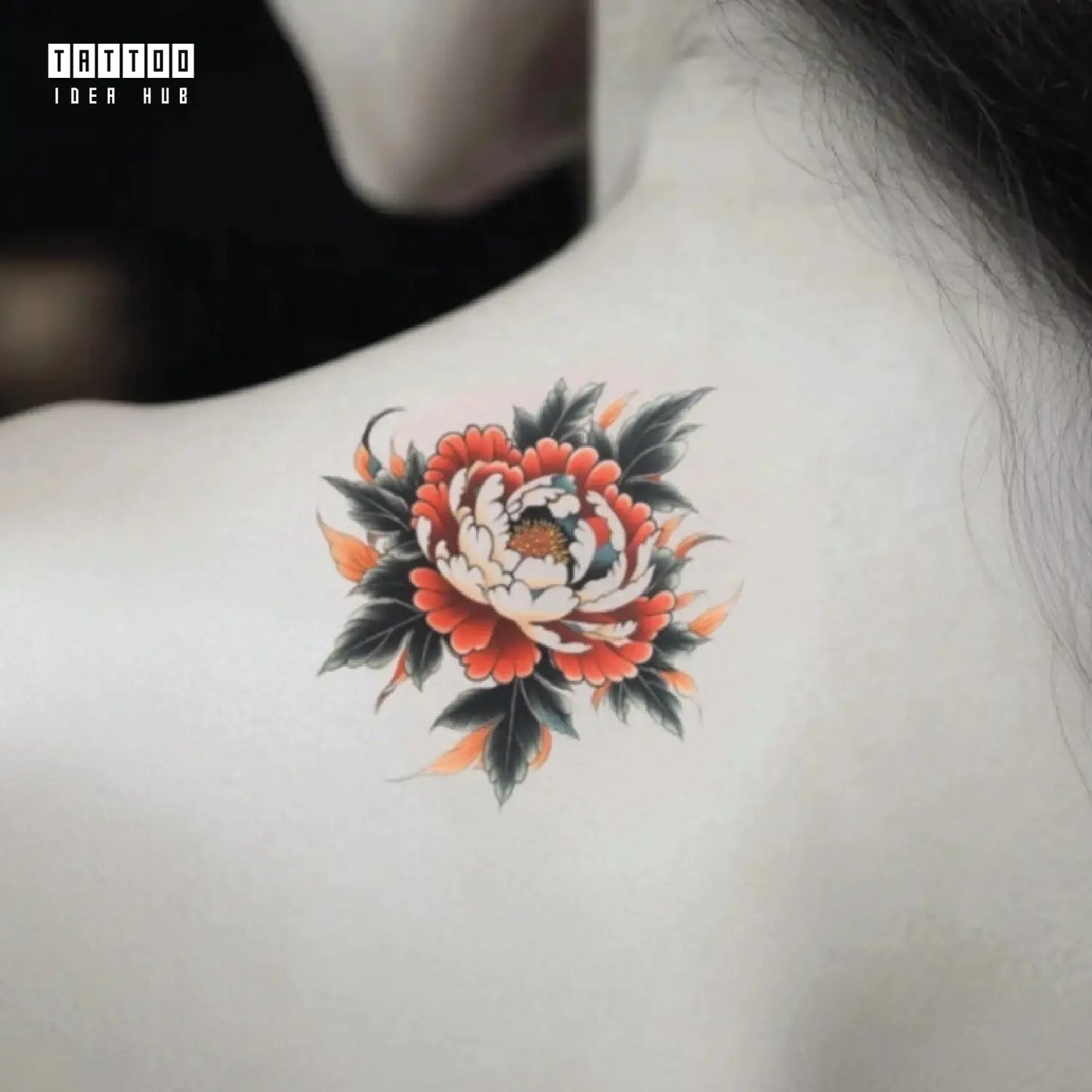 japanese peony flower shoulder temporary tattoo idea design