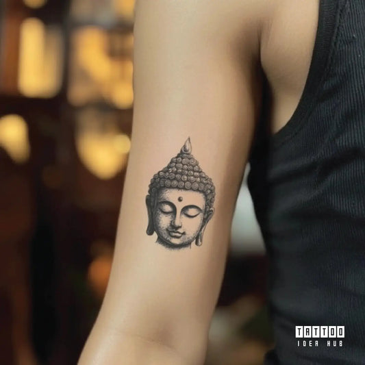 simple buddha bicep temporary tattoo idea design