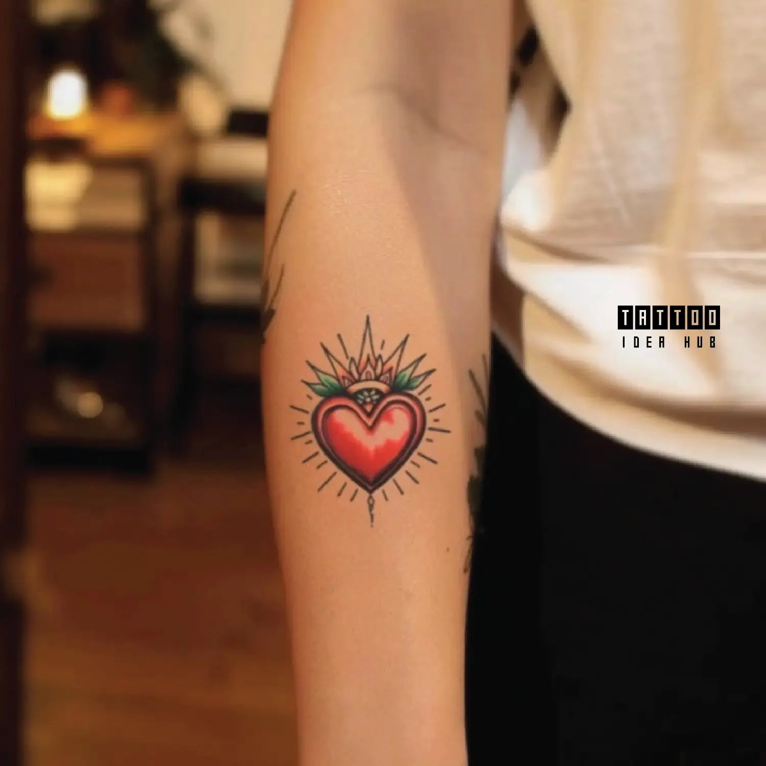 traditional sacred heart forearm temporary tattoo idea design