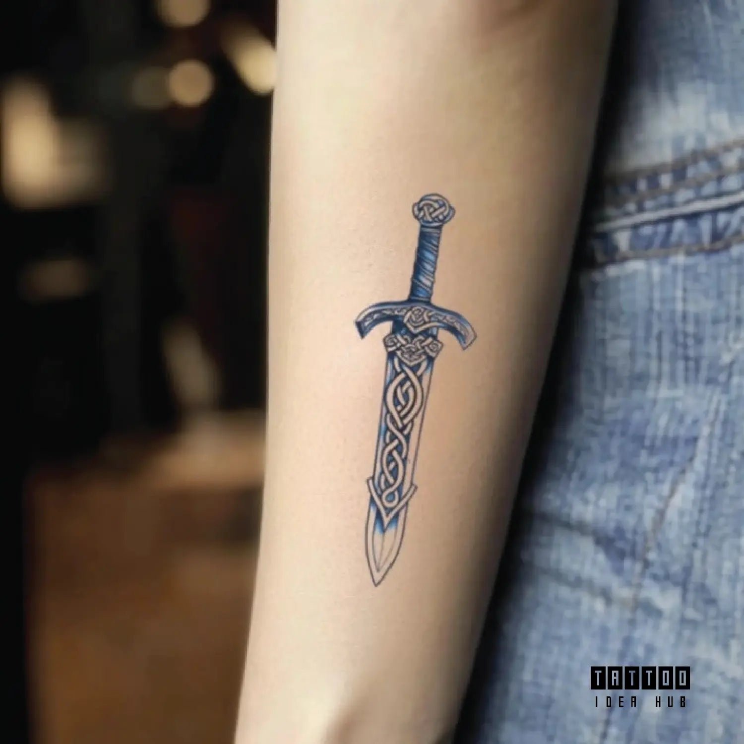 blue viking sword forearm temporary tattoo idea design