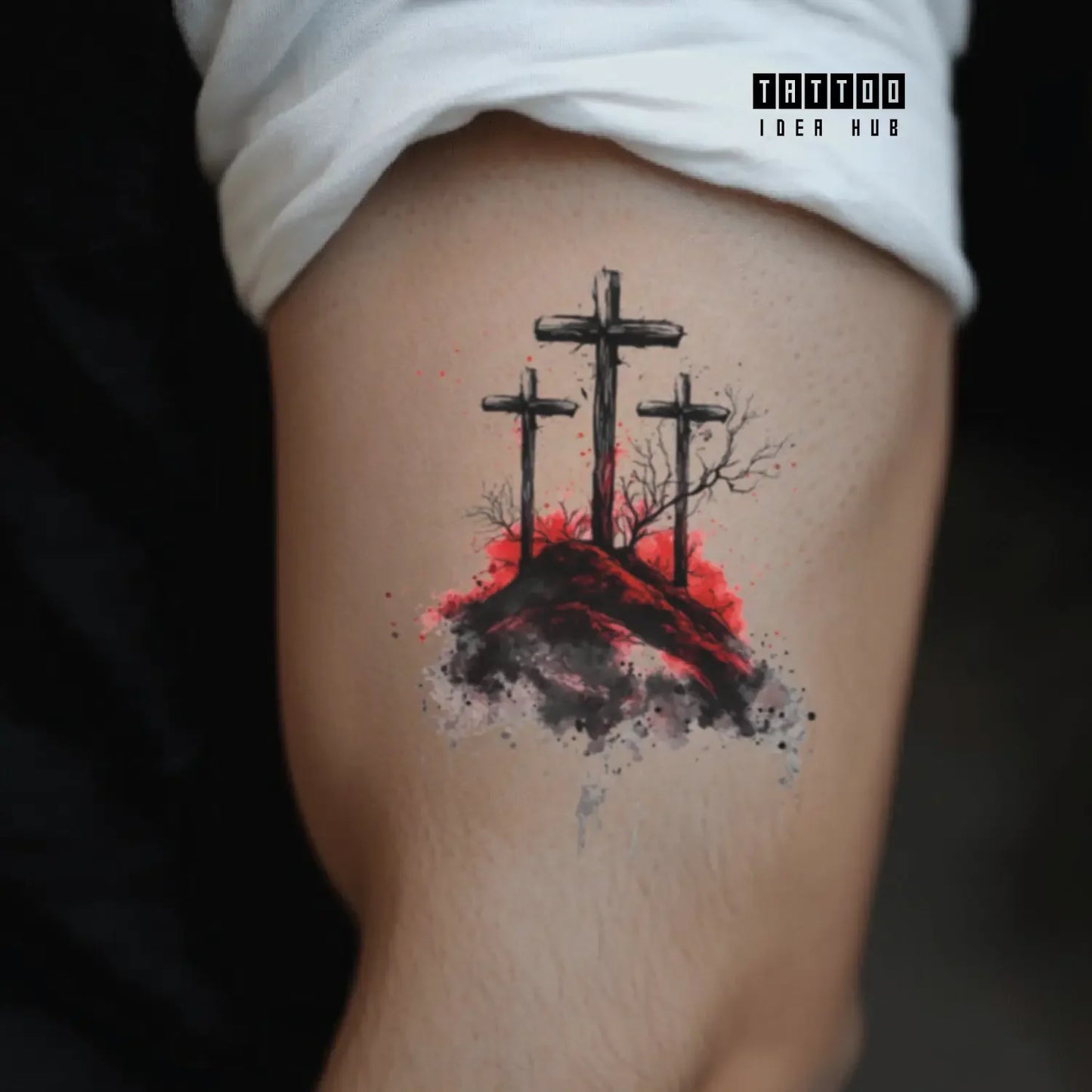 3 cross on a red hill bicep temporary tattoo idea design