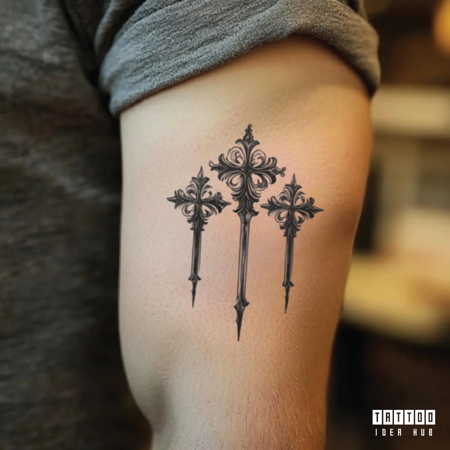 floral 3 cross bicep temporary tattoo idea design