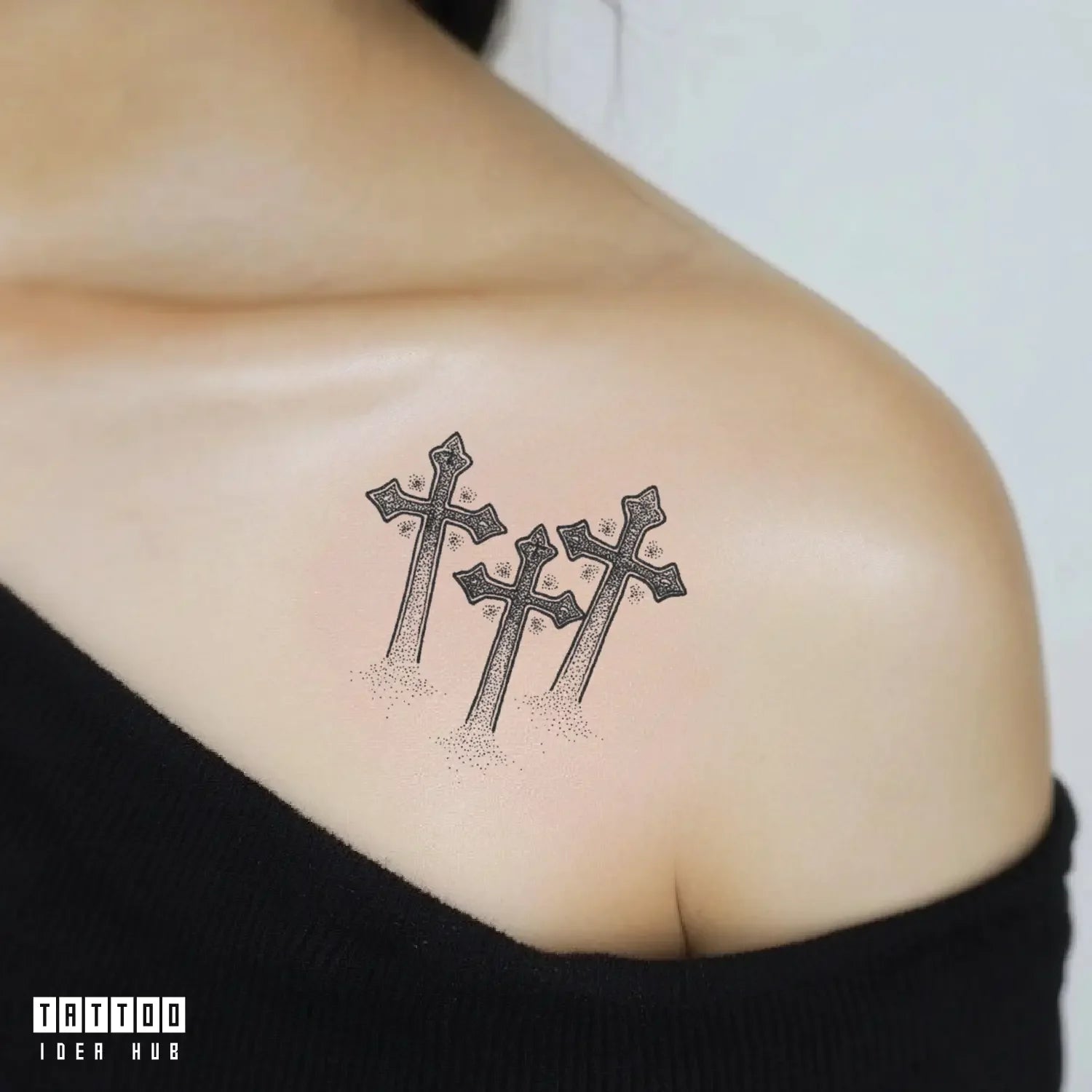 simple dotwork 3 cross shoulder temporary tattoo idea design