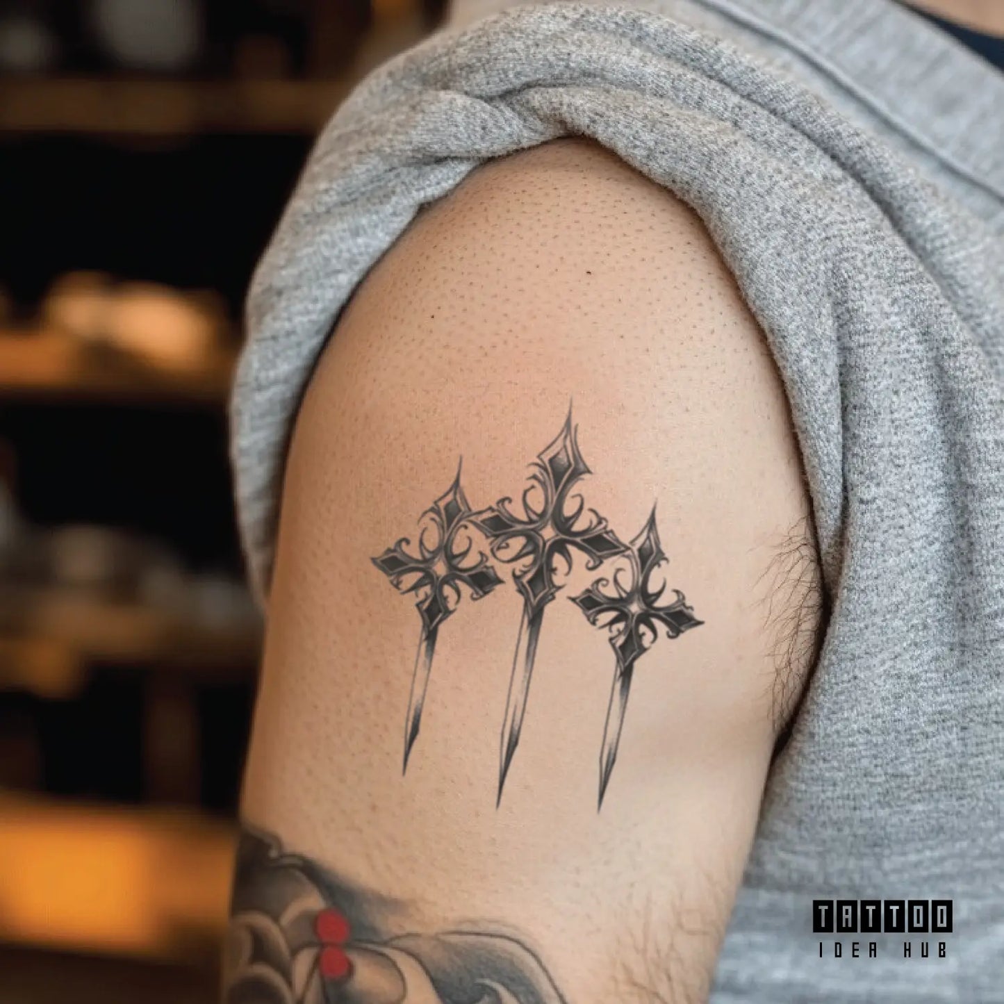 viking 3 cross bicep temporary tattoo idea design