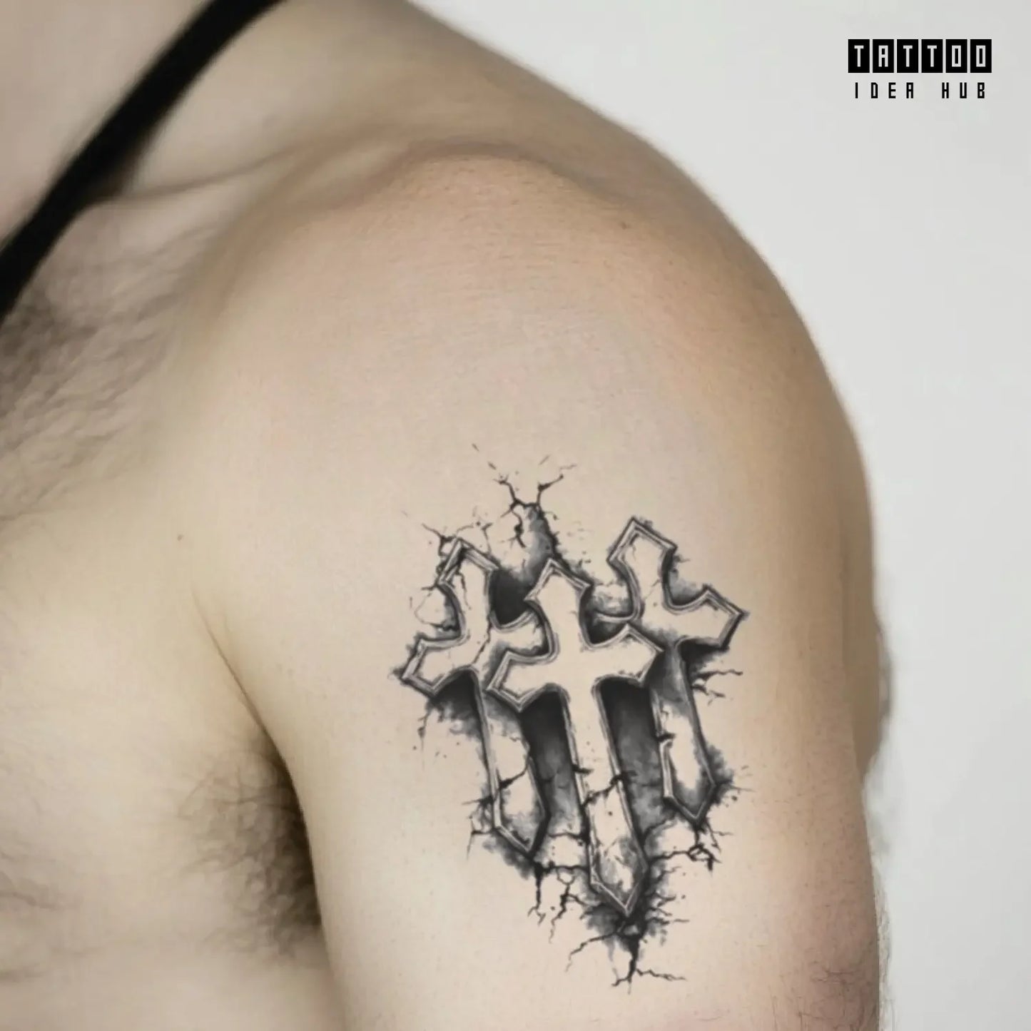 realistic stonework 3 cross bicep temporary tattoo idea design