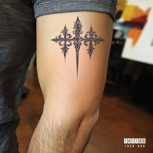 tribal 3 cross bicep temporary tattoo idea design