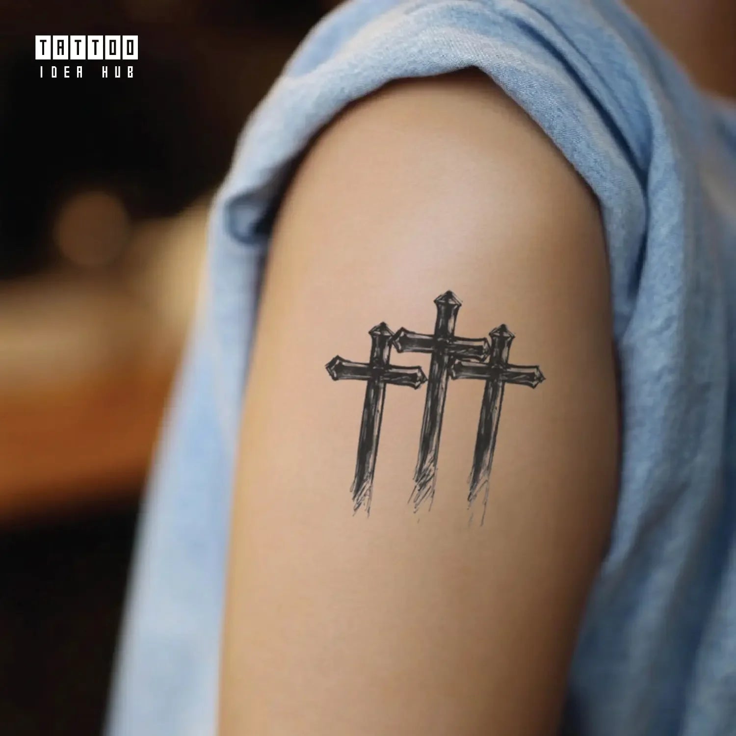 blackwork 3 cross bicep temporary tattoo idea design