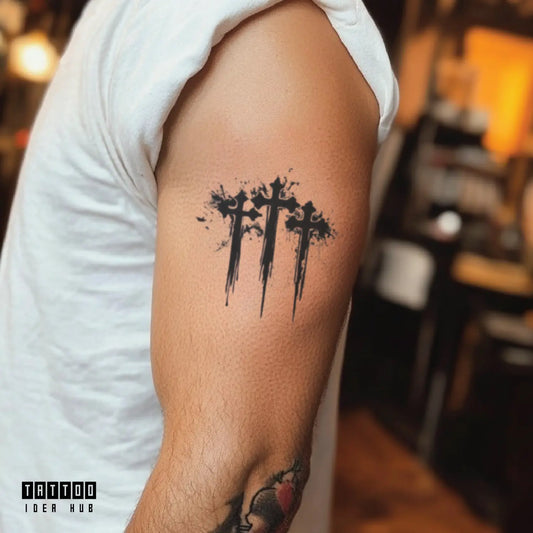 blackwork gothic 3 cross bicep temporary tattoo idea design