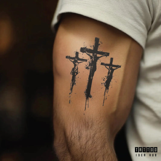 3 cross jesus religious bicep temporary tattoo idea design