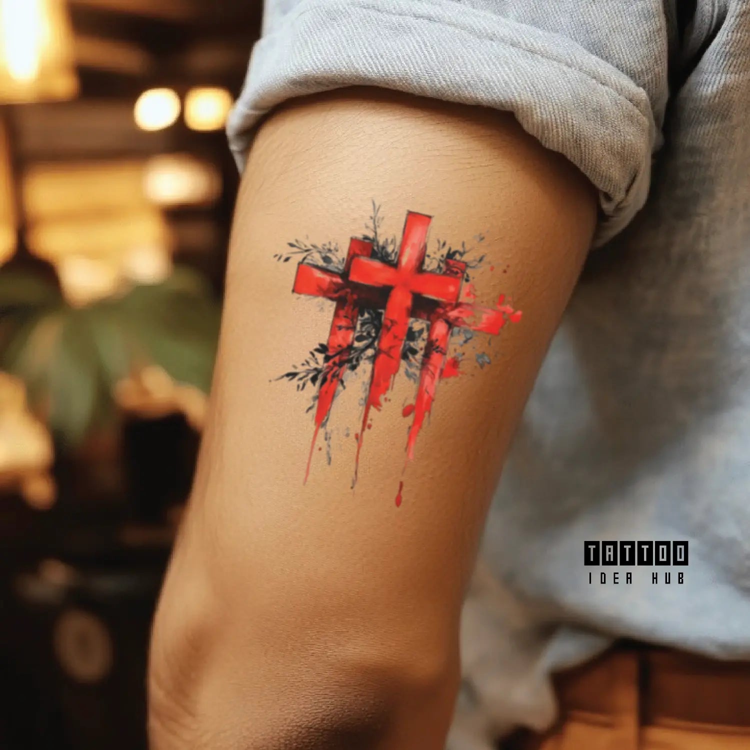 3 cross red flower bicep temporary tattoo idea design