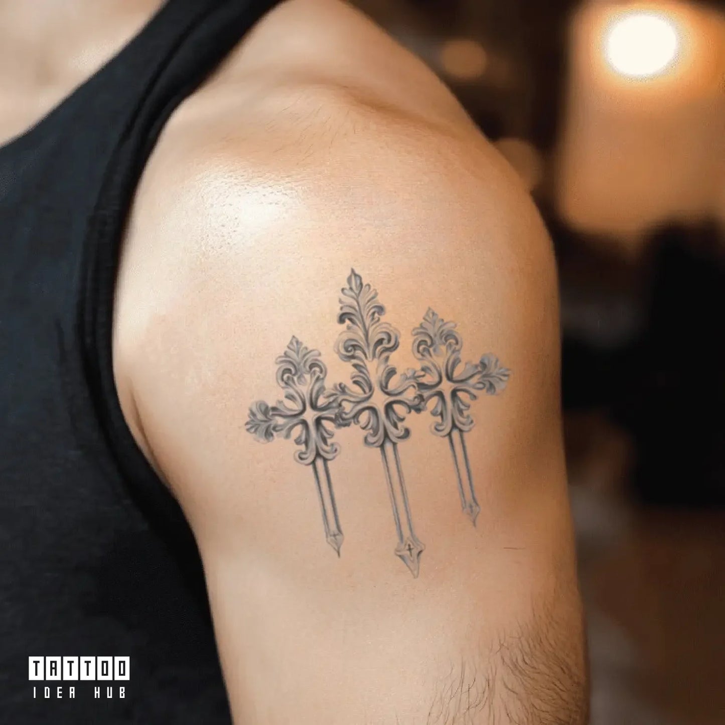 catholic 3 cross bicep temporary tattoo idea design