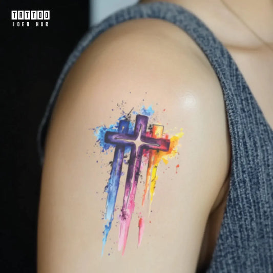 colorful 3 cross bicep temporary tattoo idea design