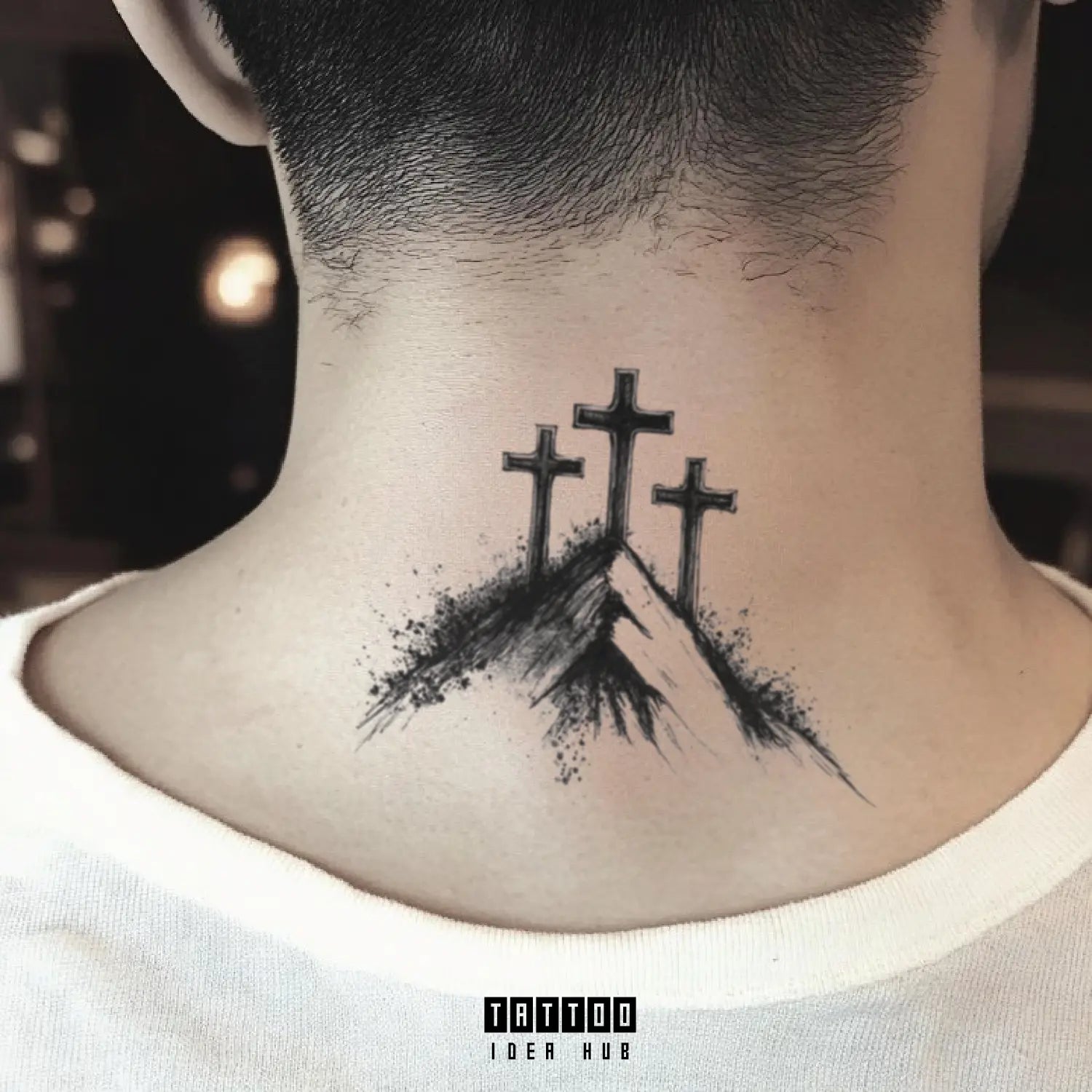 3 cross on a hill neck temporary tattoo idea design