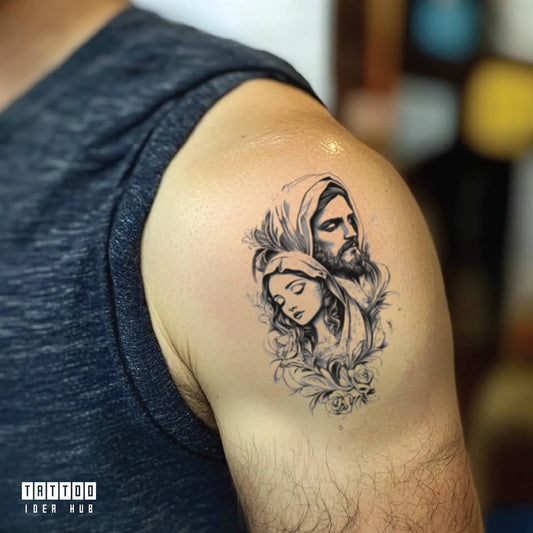 black and white virgin mary bicep temporary tattoo idea design