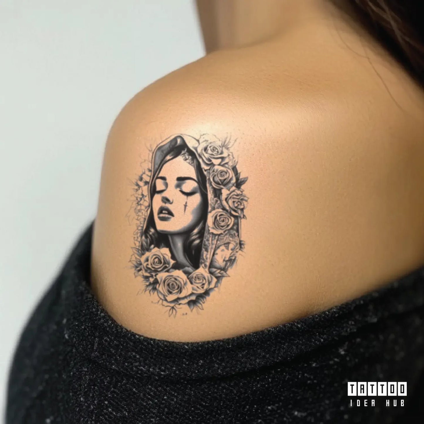 chicano virgin mary shoulder temporary tattoo idea design