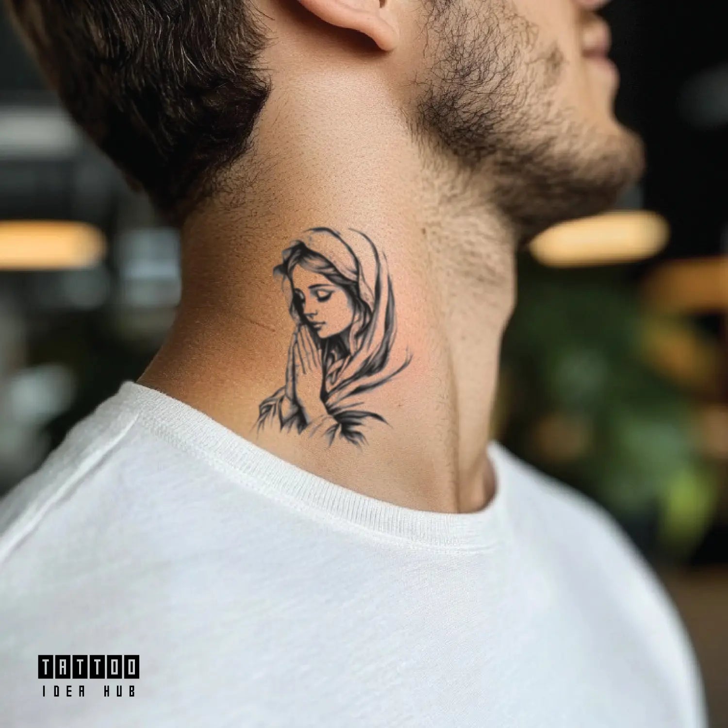 virgin mary praying neck temporary tattoo idea design