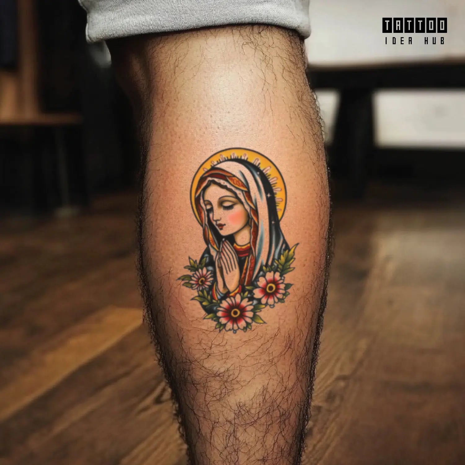 traditional virgin mary leg temporary tattoo idea design