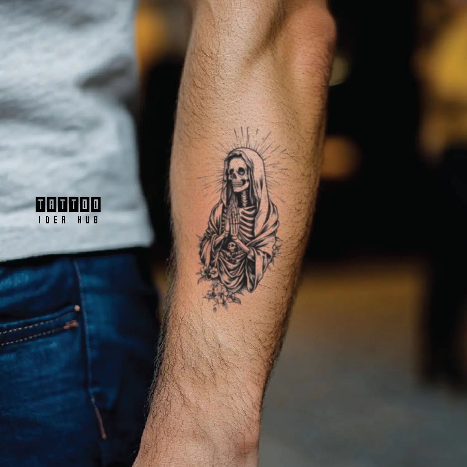 skeleton virgin mary skull forearm temporary tattoo idea design