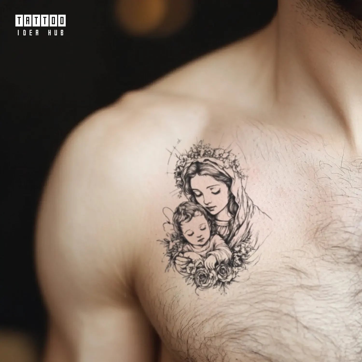 virgin mary and baby jesus chest temporary tattoo idea design