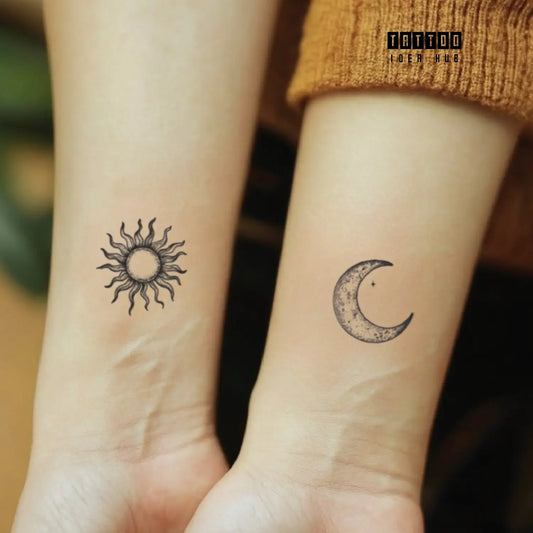 soulmate matching sun and moon wrist temporary tattoo idea design