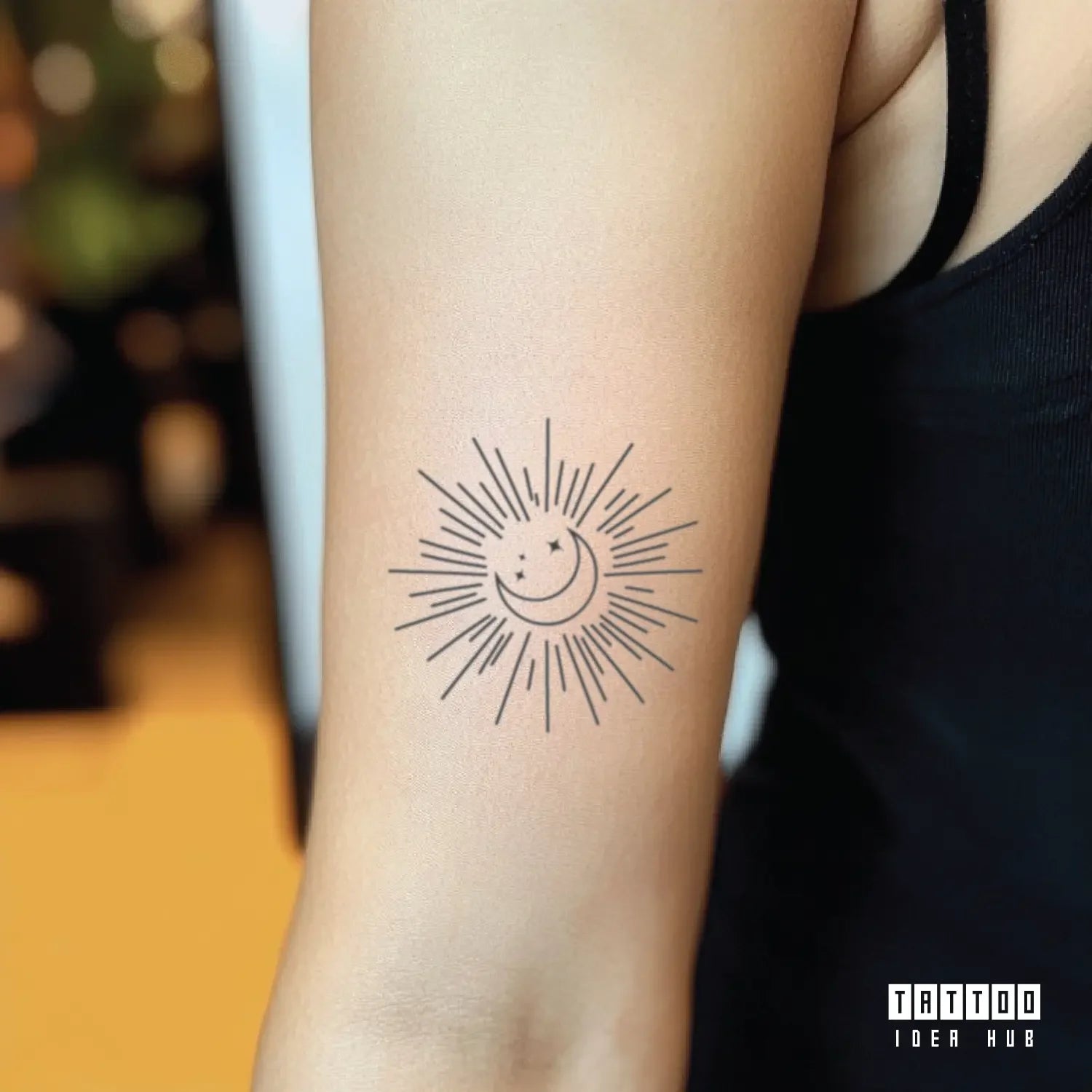 feminine fine line sun moon and stars bicep temporary tattoo idea design