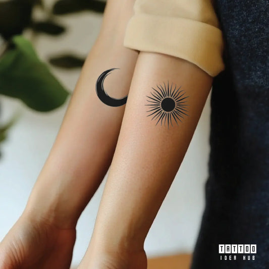 couples sun and moon forearm temporary tattoo idea design