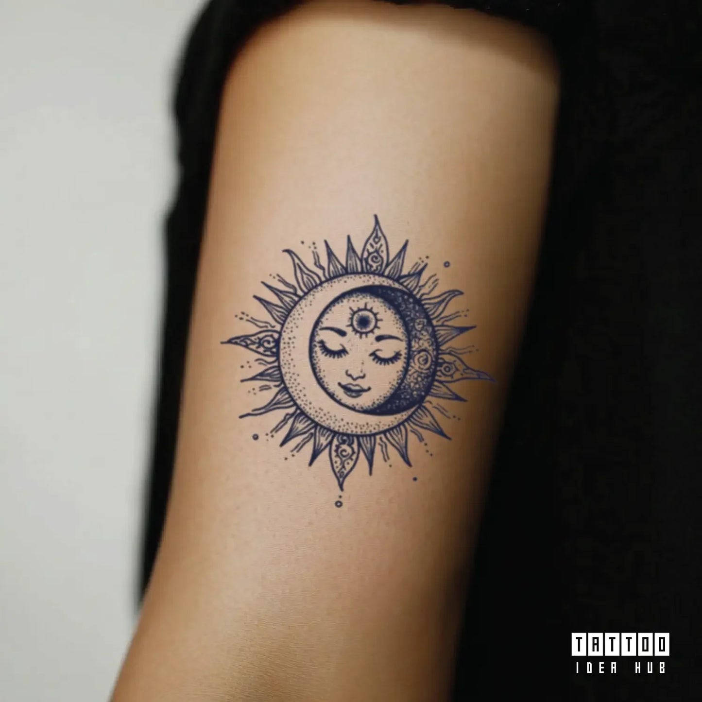 mandala sun and moon bicep temporary tattoo idea design