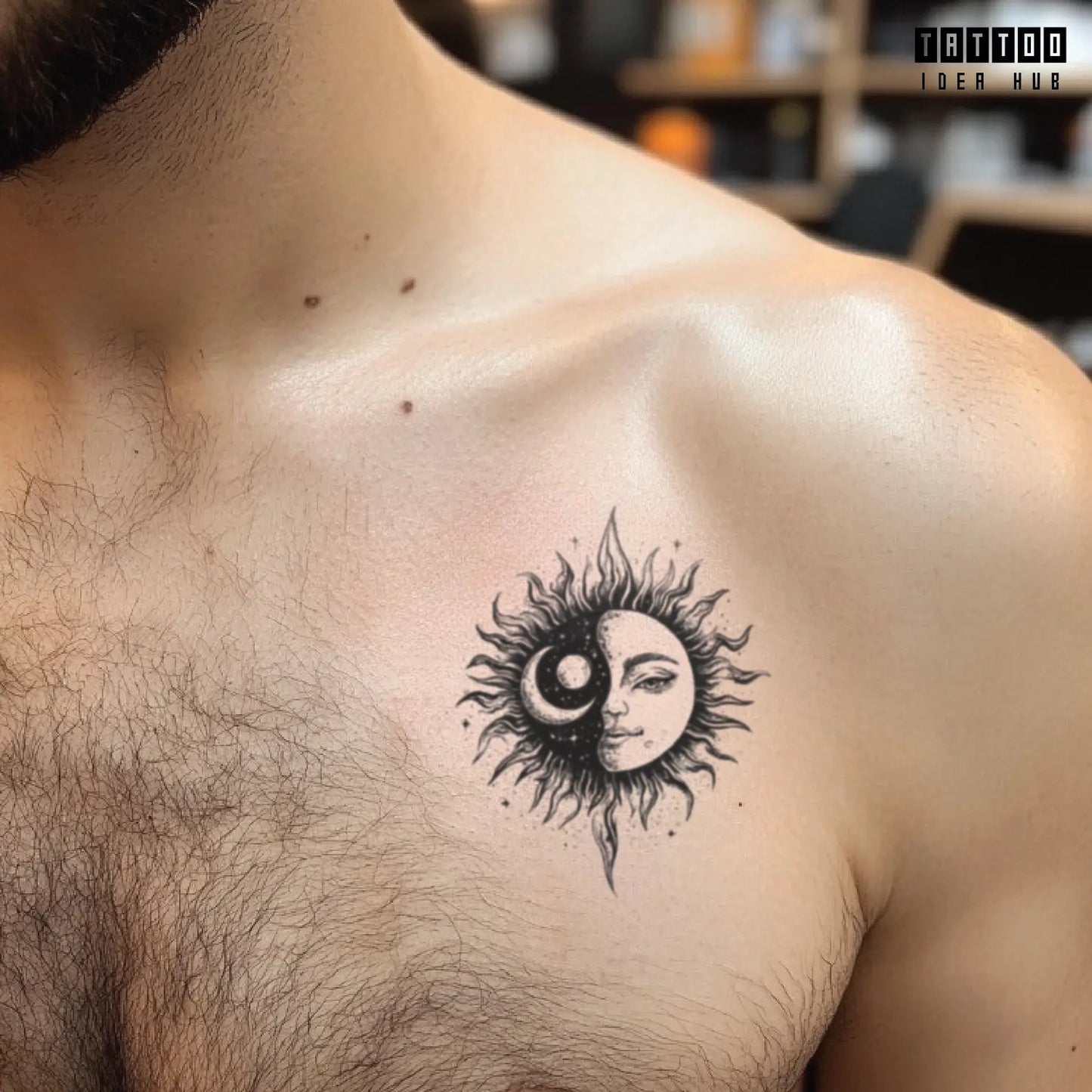 sun and moon yin yang chest temporary tattoo idea design