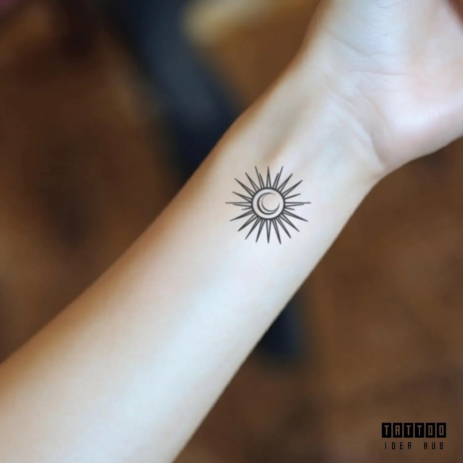 outline simple sun and moon wrist temporary tattoo idea design