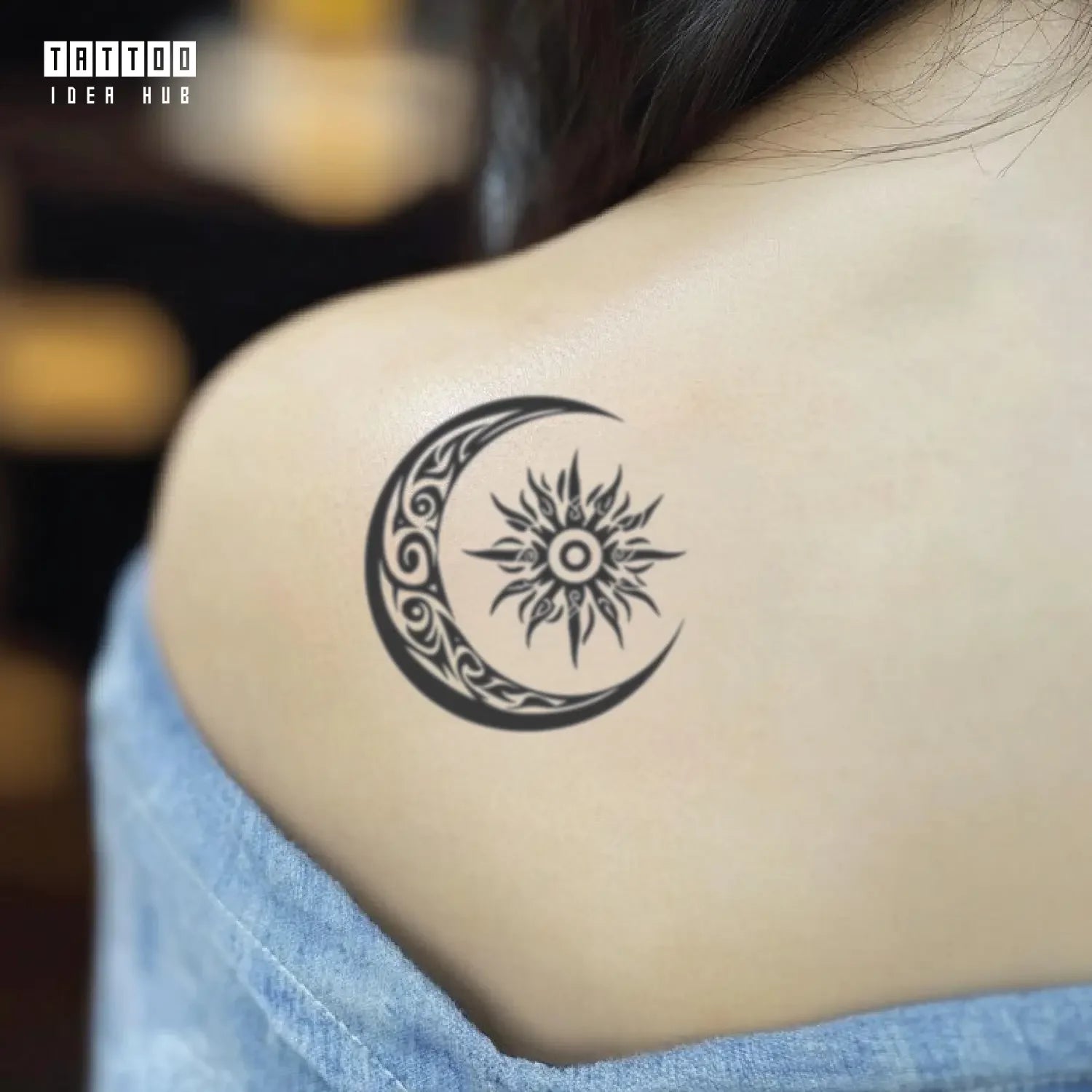 tribal sun and moon shoulder temporary tattoo idea design