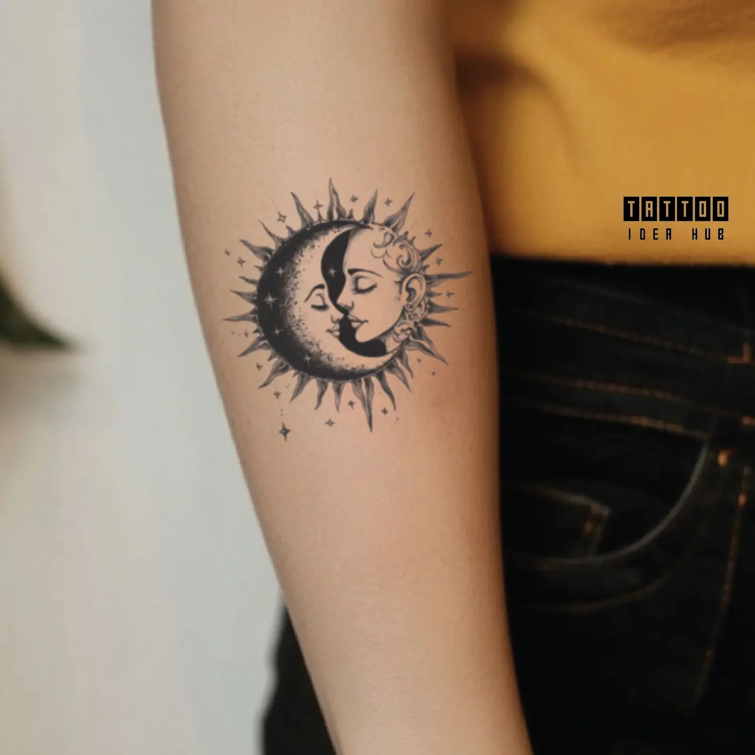 sun and moon together kissing forearm temporary tattoo idea design