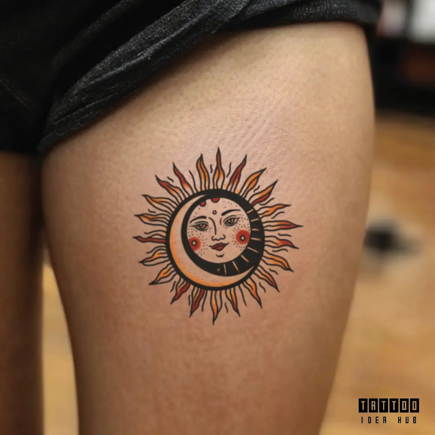 traditional sun and moon thigh temporary tattoo idea design